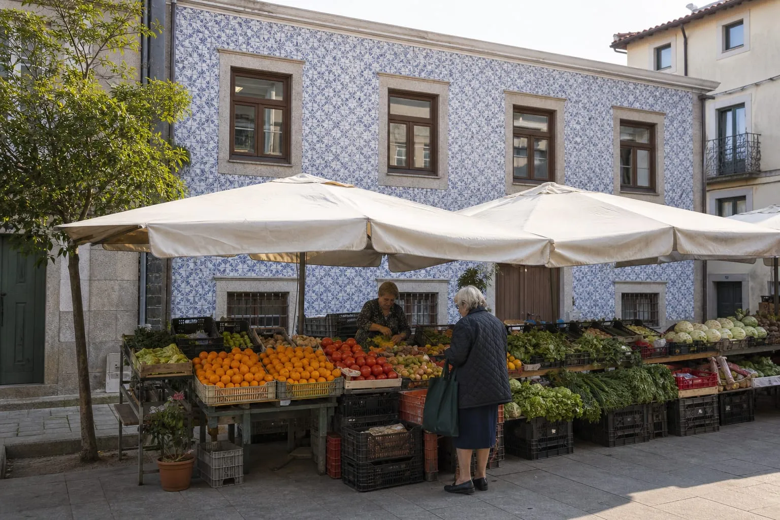 Shopper choosing fruit and vegetables at a neighbourhood market stall in Porto
