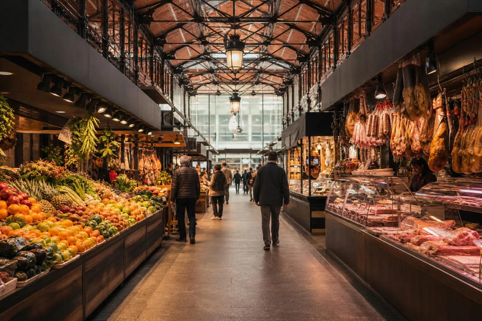 Shoppers at a covered food market in Madrid