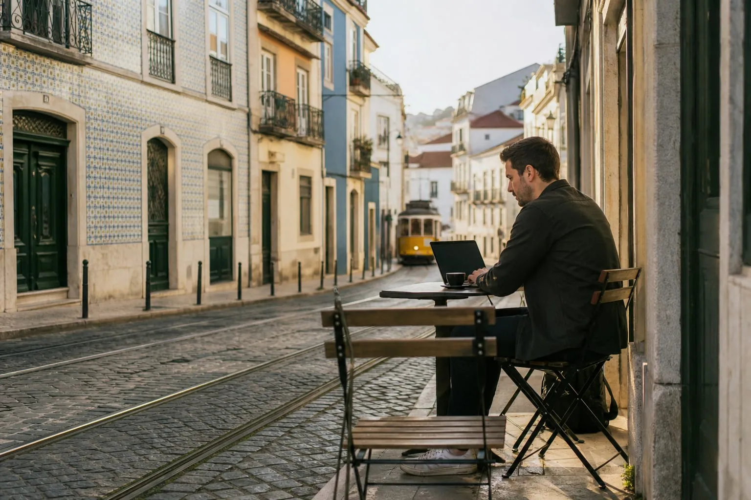Remote worker using a laptop at a café table on a cobbled Lisbon street