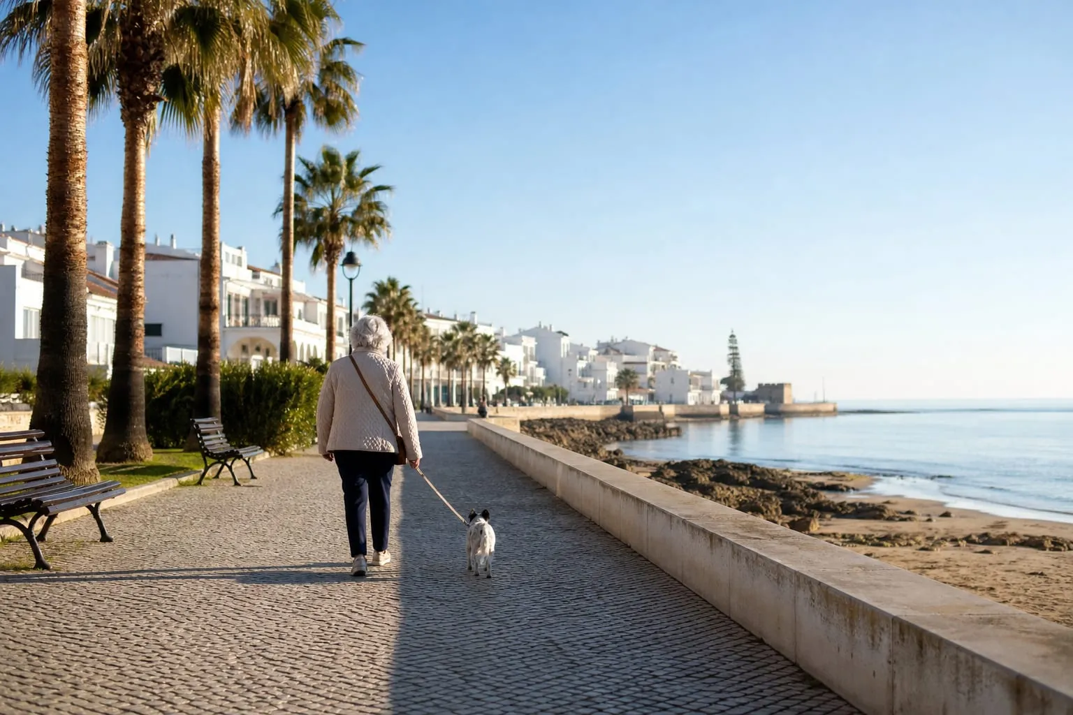 British retiree walking a dog along an Algarve seafront promenade on a winter morning