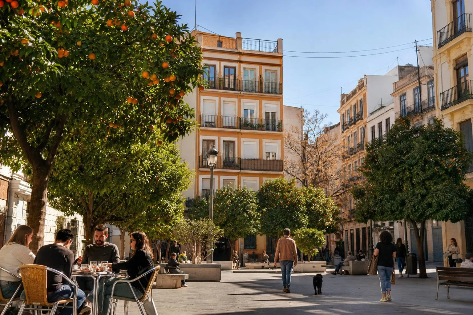 TODO: describe what is visible, e.g. "a sunny residential square in Valencia with orange trees"