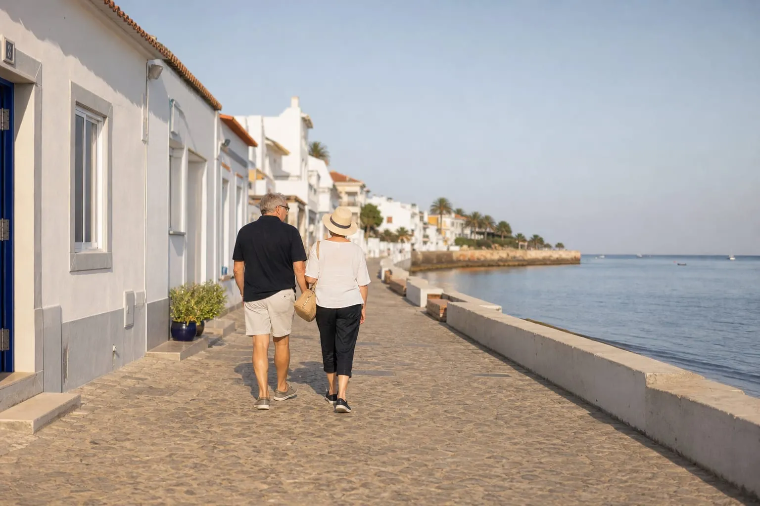 A couple walking along a quiet seafront promenade in a small Southern European town