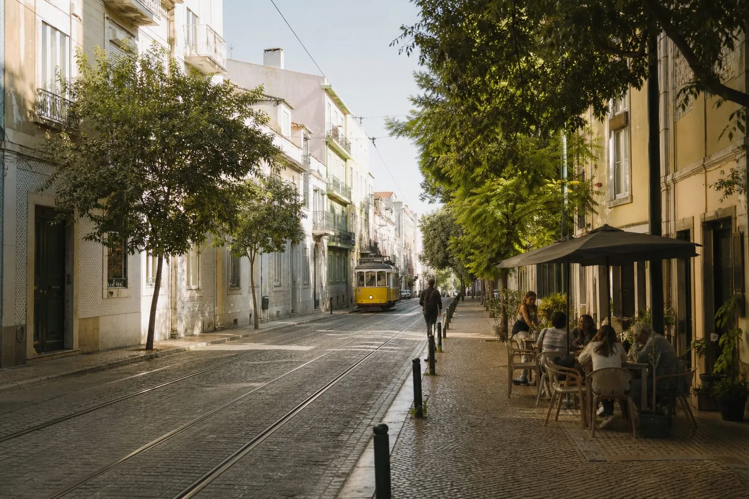 A quiet tiled residential street in Lisbon with a cafe terrace and tram tracks