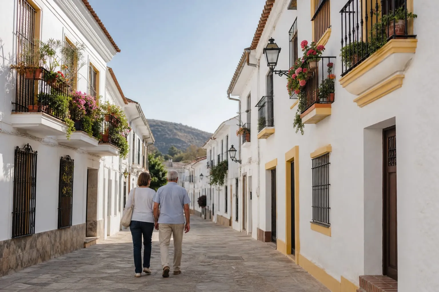 Couple walking through a whitewashed street in an Andalusian town