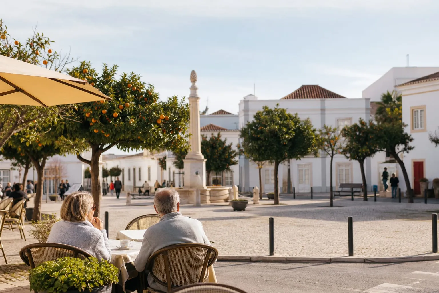 Retired couple at a café terrace in a sunny Algarve town square
