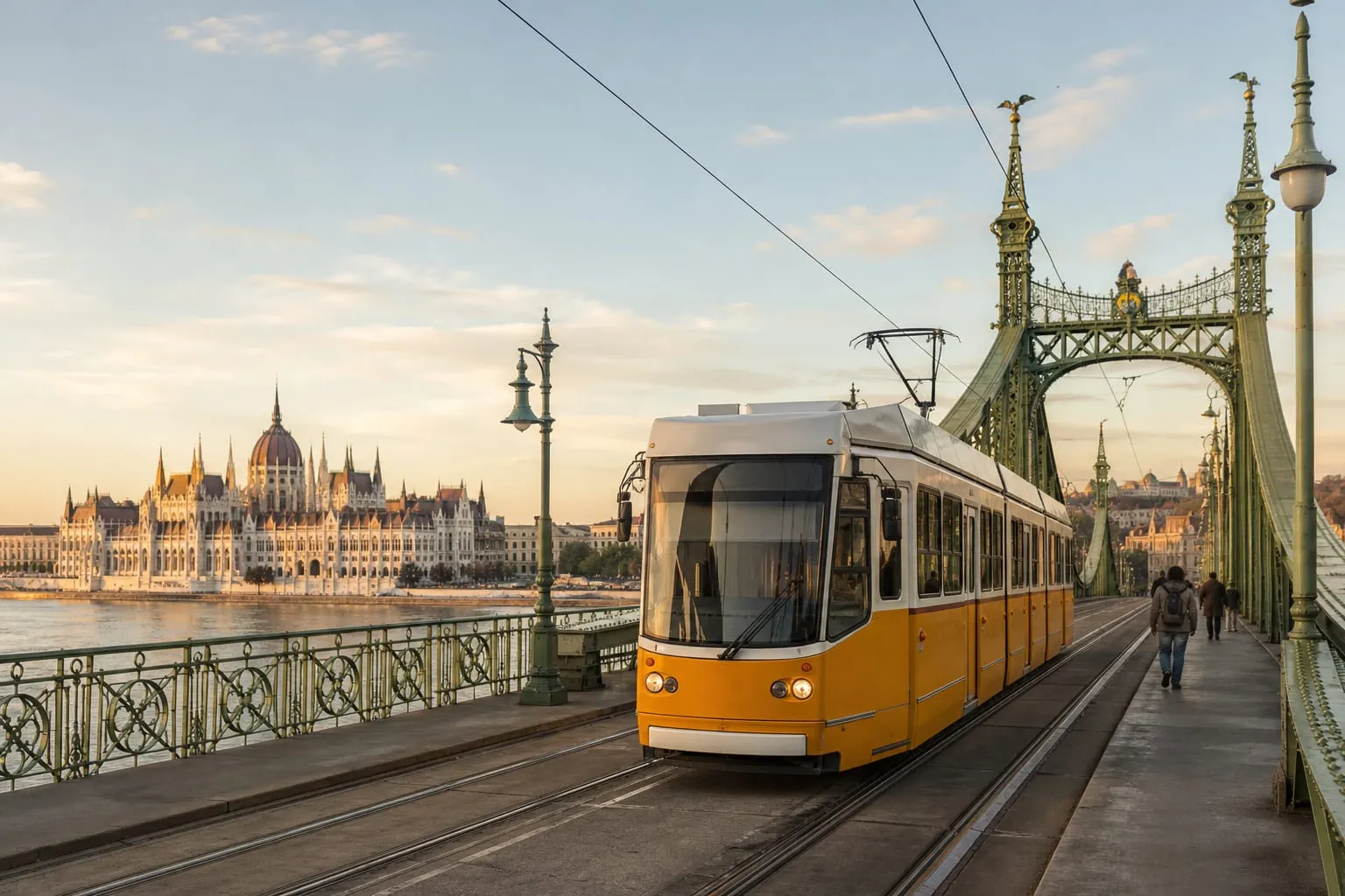 Yellow tram crossing a Danube bridge in Budapest in the evening