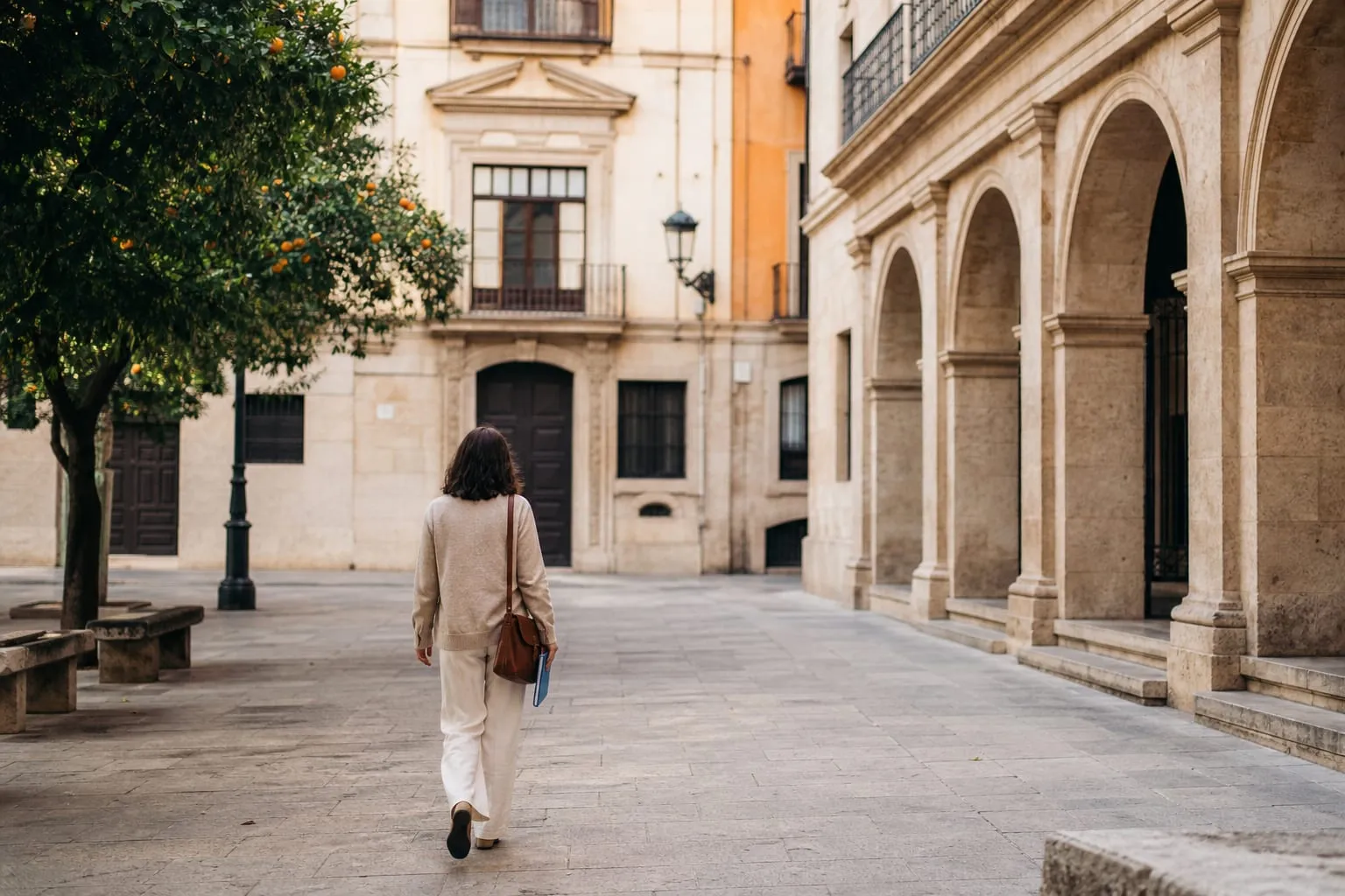 A person carrying a document folder across a quiet plaza in Valencia's old town