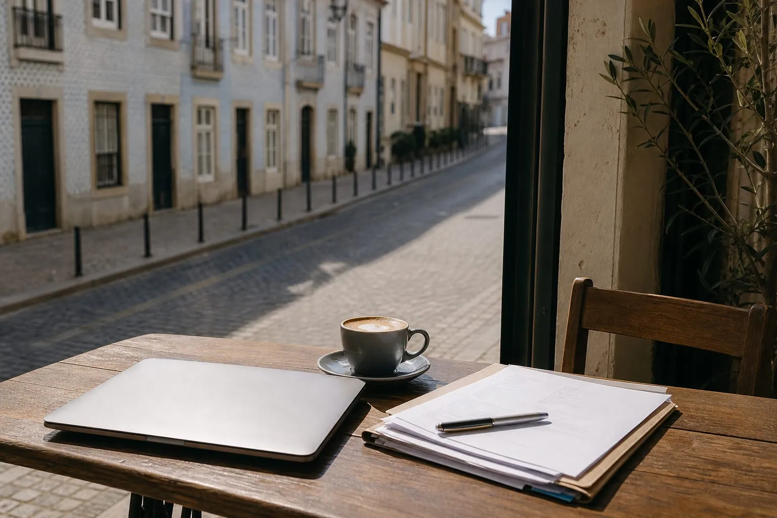 A café table in Porto with coffee, a closed laptop and a folder of paperwork